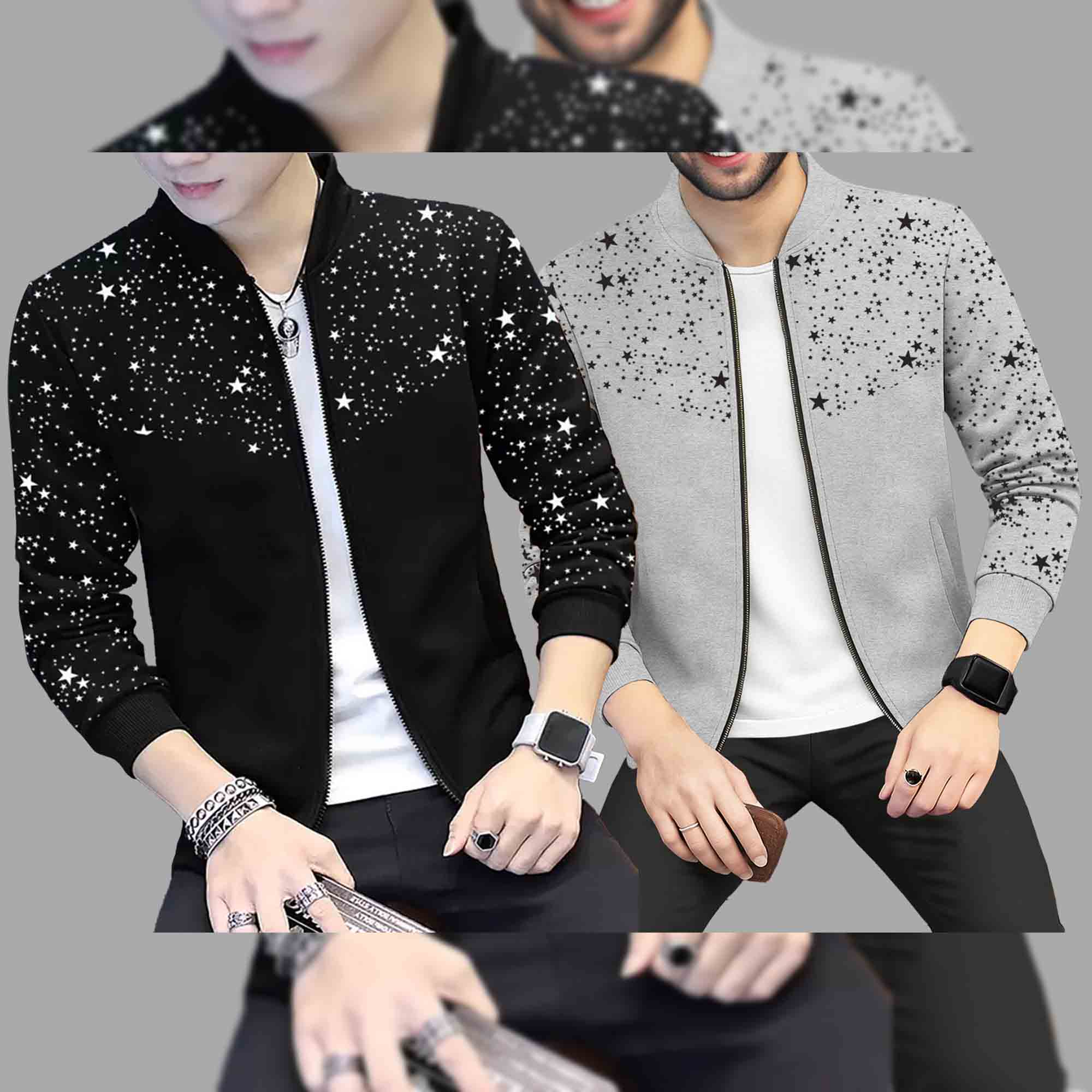 (Pack Of 2) Star Printed Round Neck Jacket Black & Grey