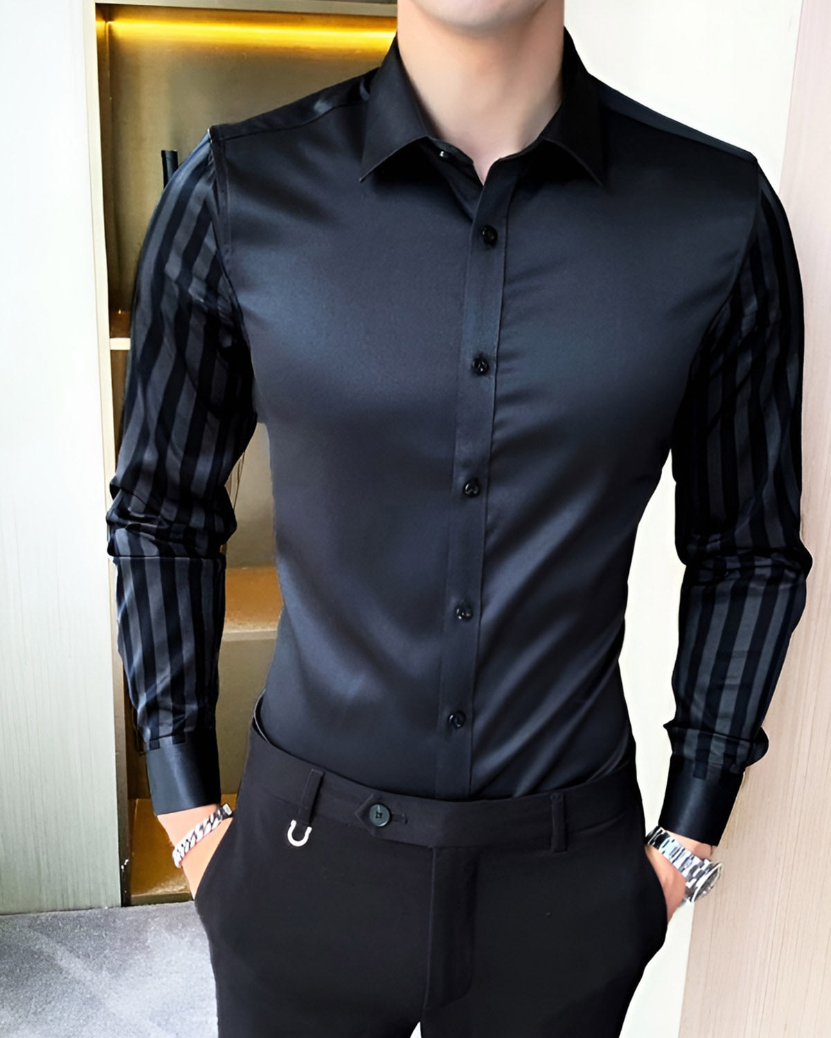 PREMIUM QUALITY Stripe Printed Black Party Wear Shirt