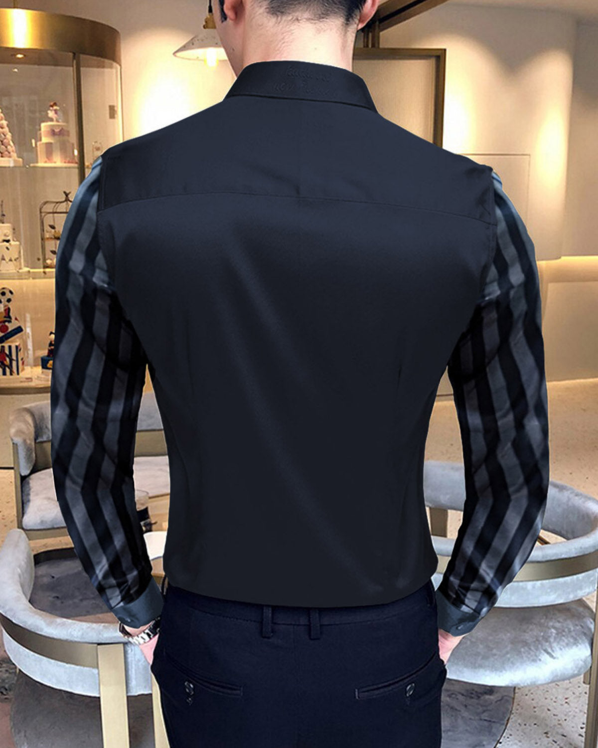 PREMIUM QUALITY Stripe Printed Black Party Wear Shirt