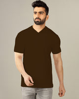 brown solid half sleeve v neck tshirt for men