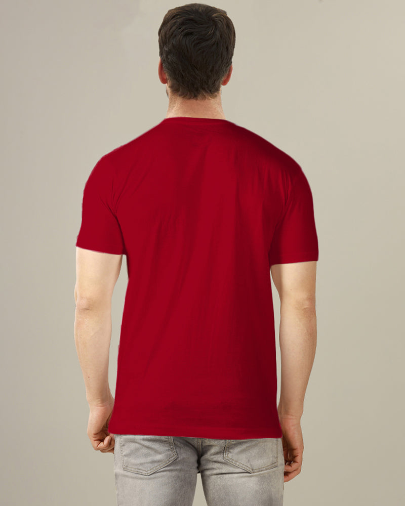red solid plain half sleeve round neck tshirt for men back view