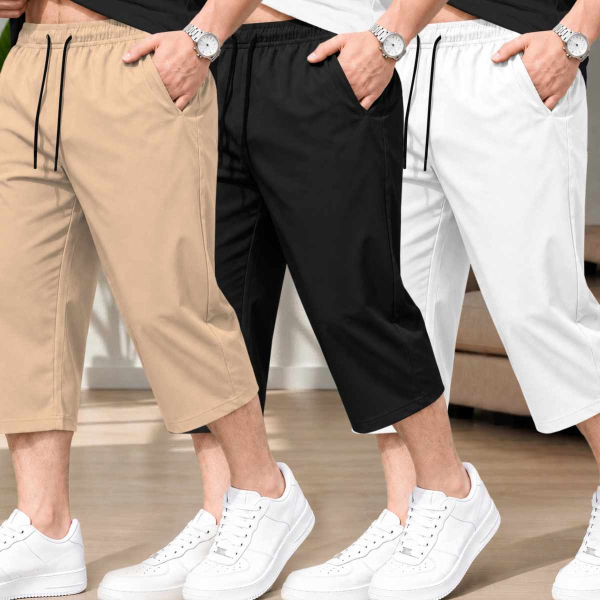 (Pack Of 3) Men Plain Three Fourth Shorts