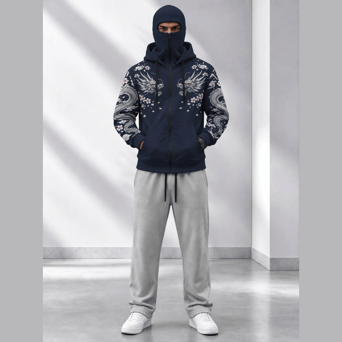 Tracksuit Hooded Mask Printed Jackets And Plain Baggy Trackpants