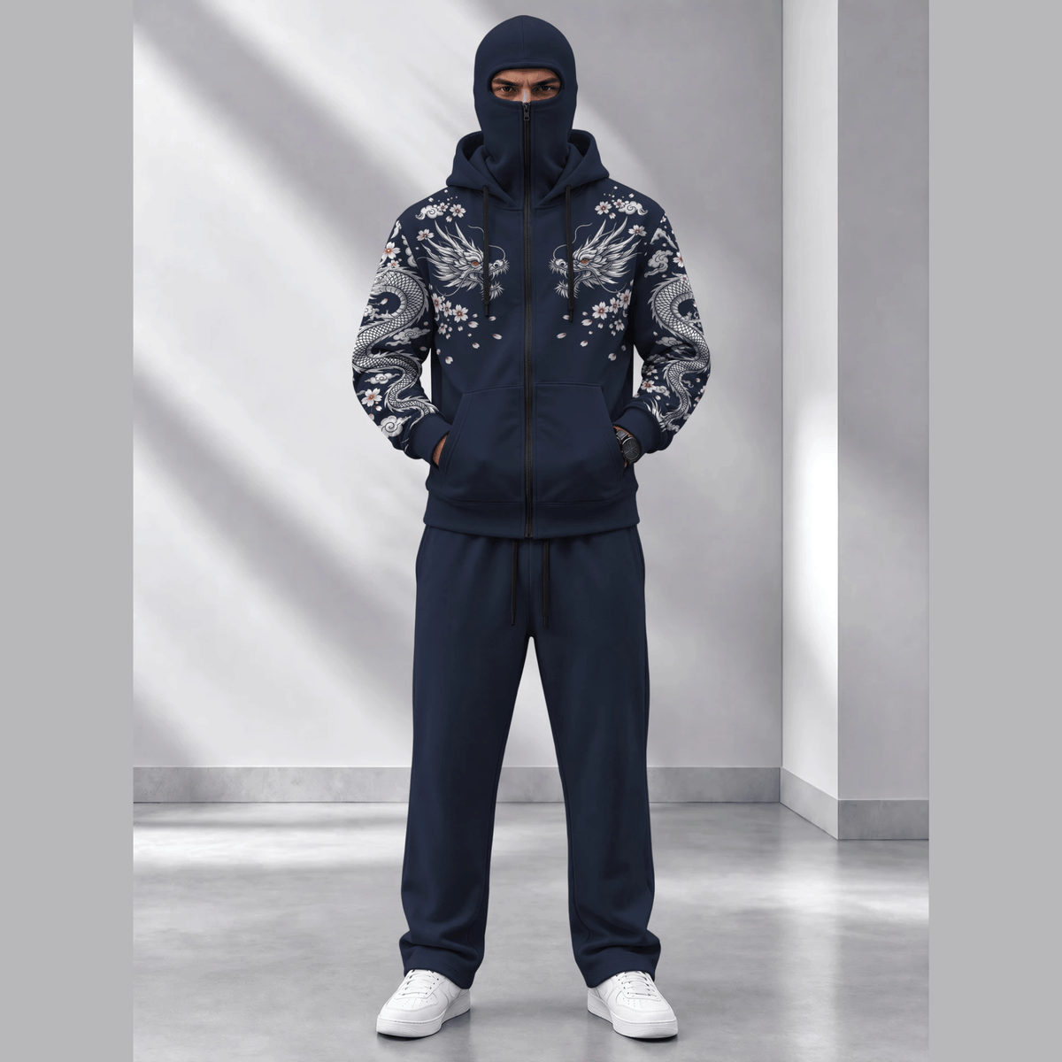 Tracksuit Hooded Mask Printed Jackets And Plain Baggy Trackpants