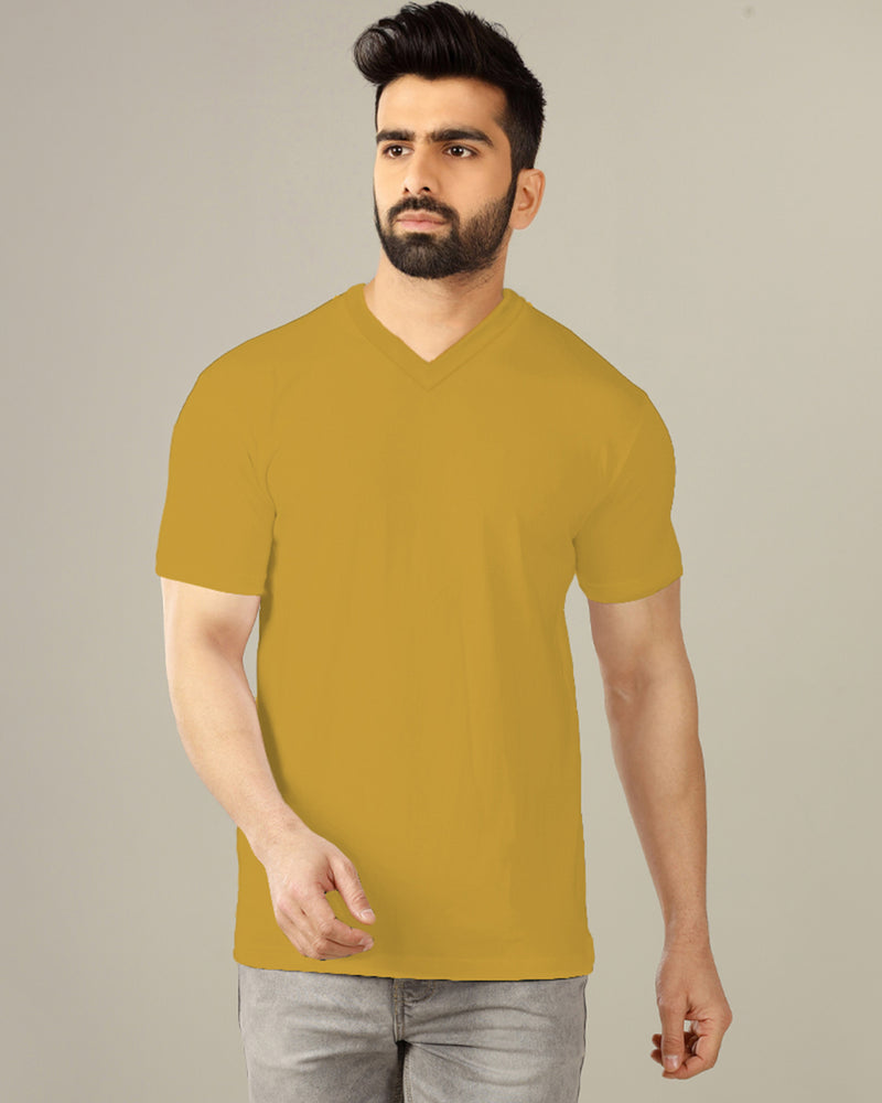 yellow solid plain half sleeve v neck tshirt for men