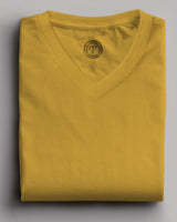 yellow solid plain half sleeve v neck tshirt for men folded view