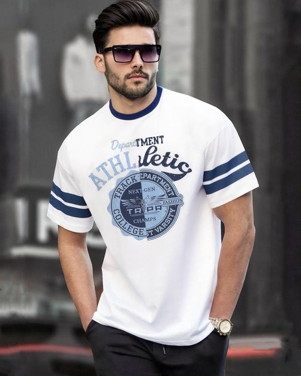 White & Navy Multi Words Printed Oversized T-Shirt for Men with Black Coolers & watch.