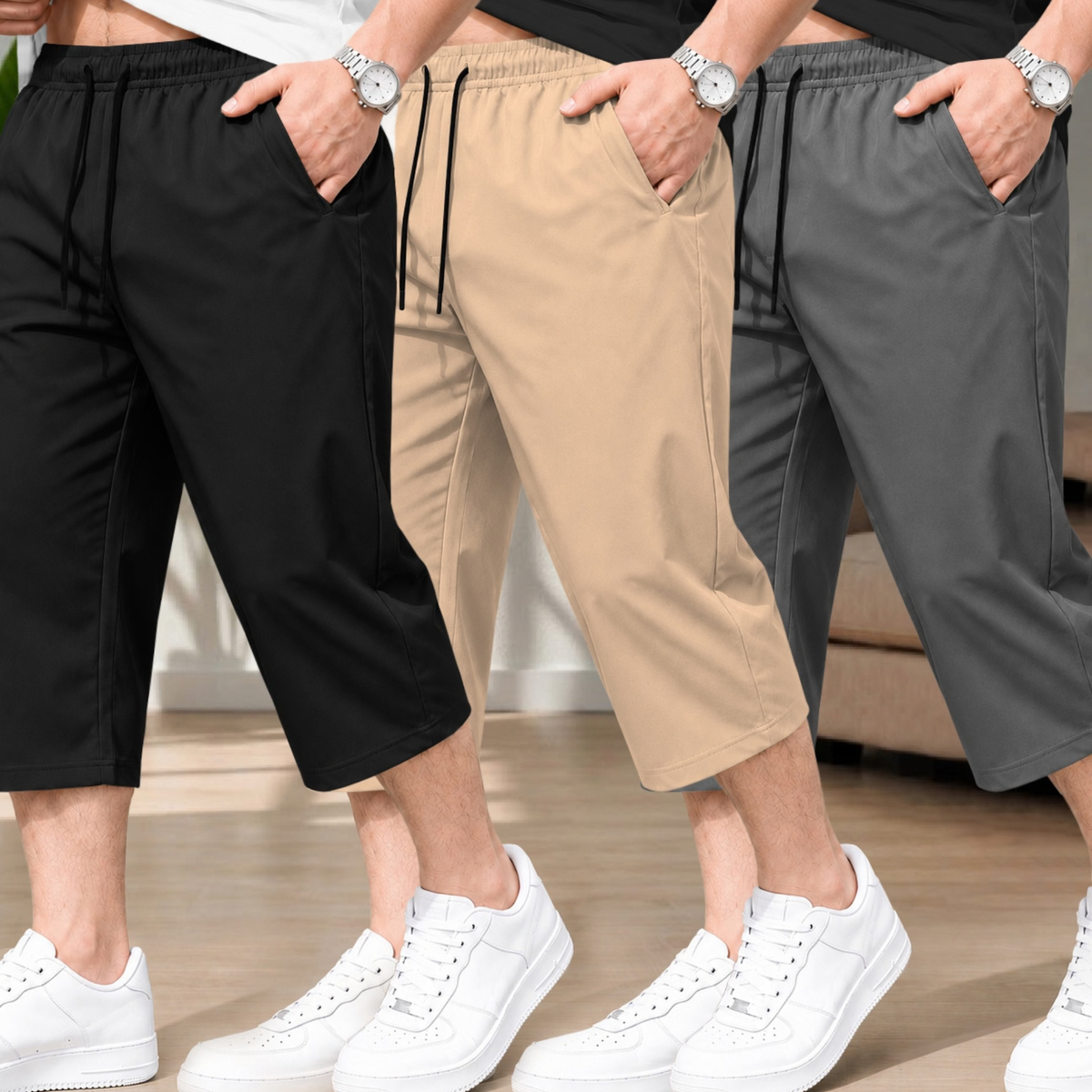 (Pack Of 3) Men Plain Three Fourth Shorts