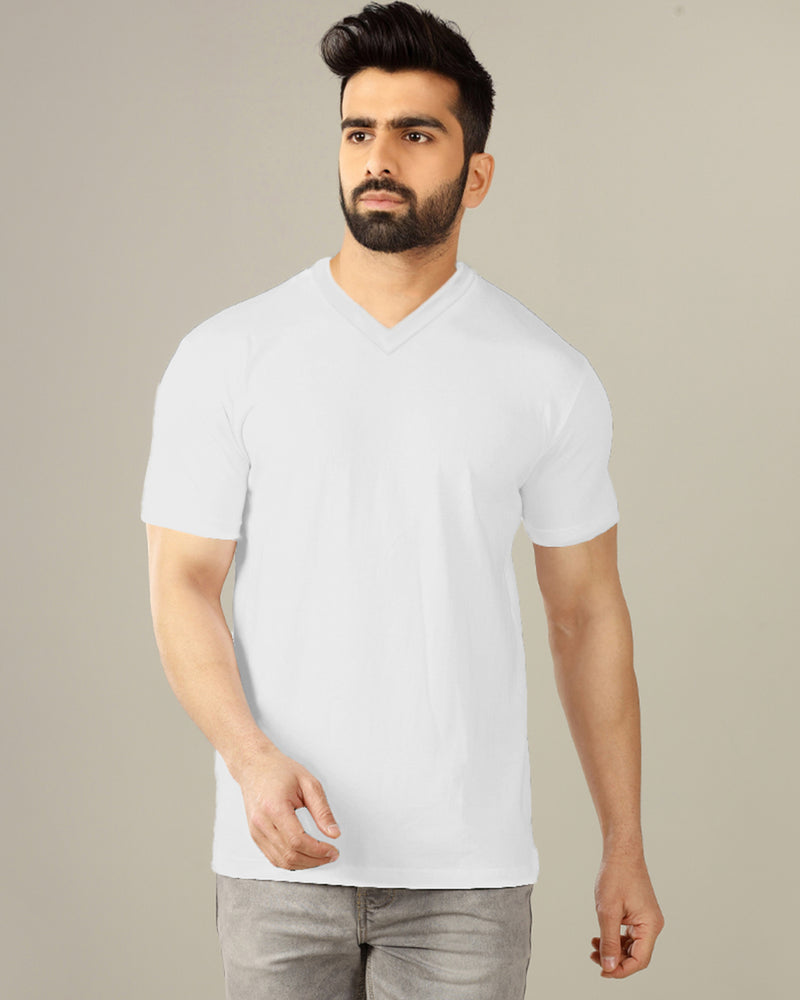 white solid plain half sleeve v neck tshirt for men