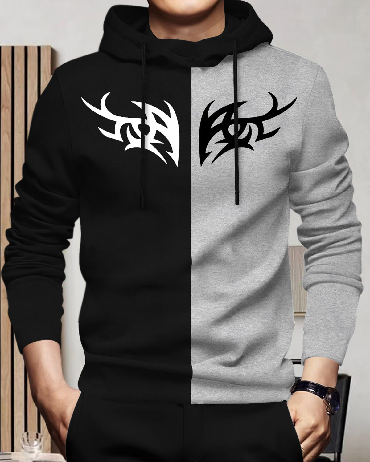 Mens Full Sleeve Hooded Neck Dual Color Printed T-shirt - 7 Variants