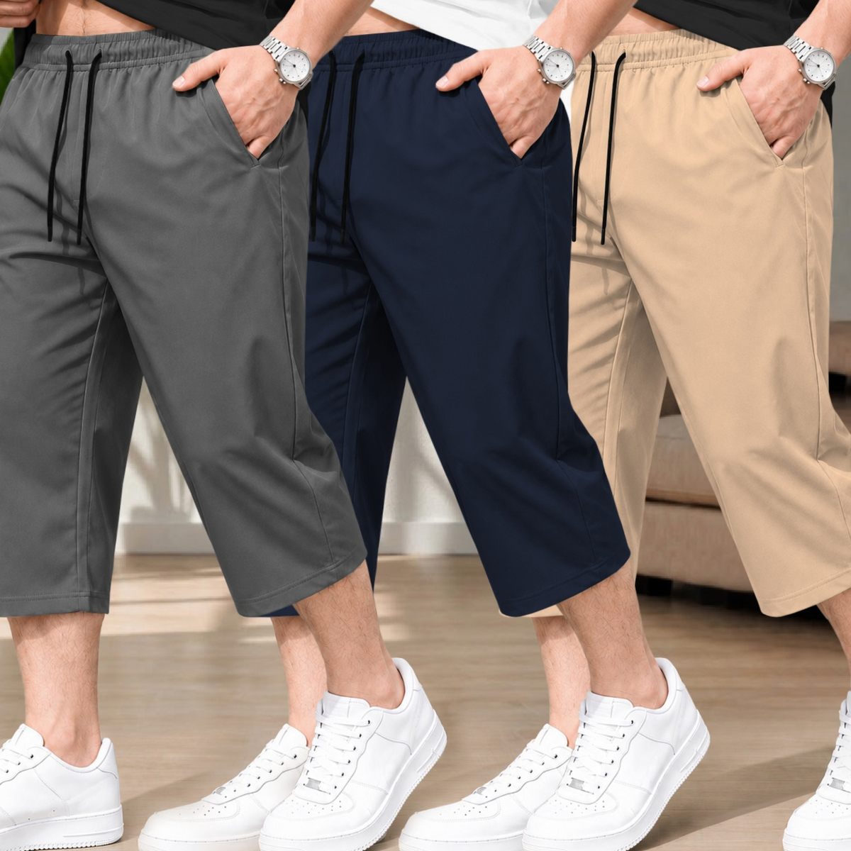 (Pack Of 3) Men Plain Three Fourth Shorts