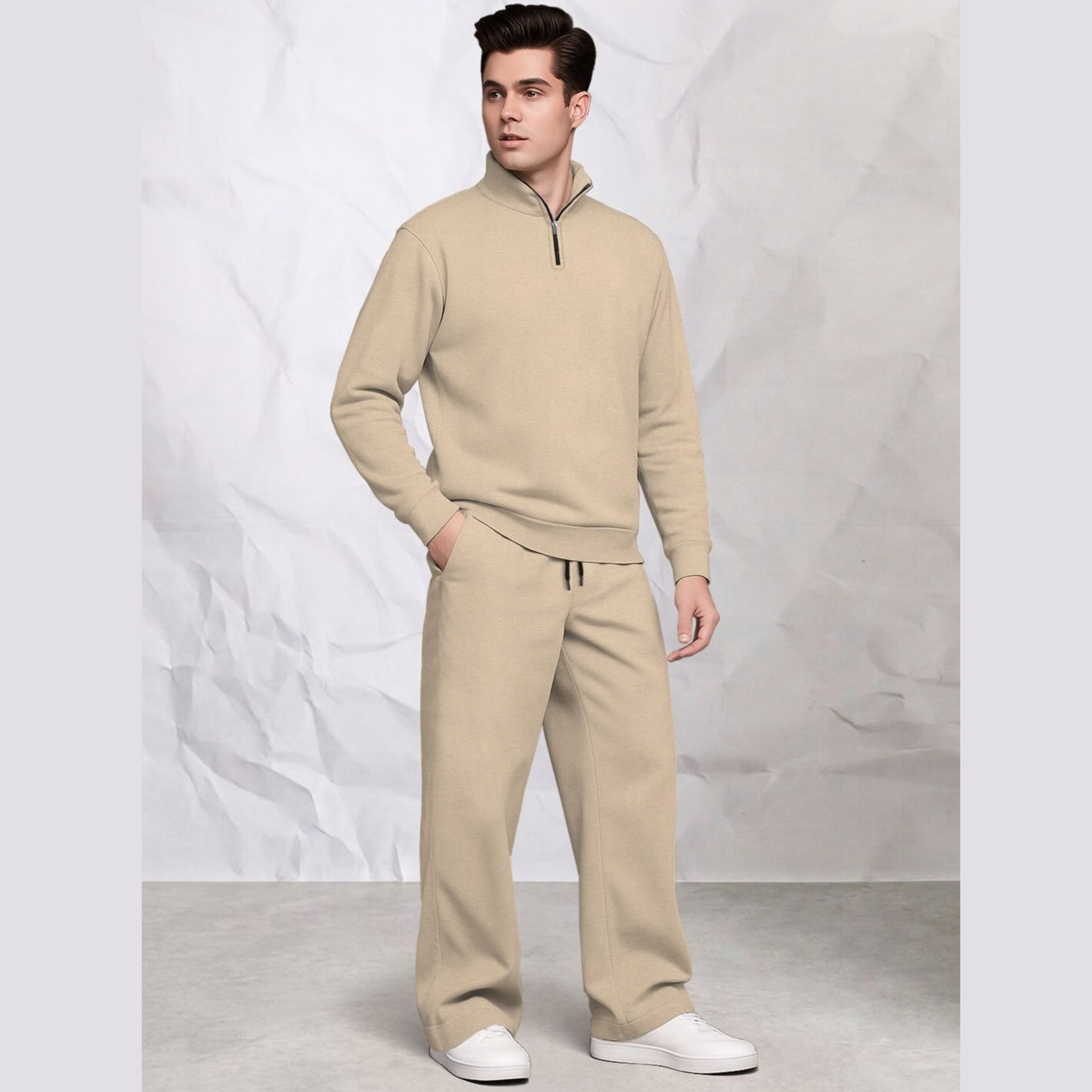Tracksuit Men High Neck Sweatshirt & Matching Plain Loose Fit Trackpants