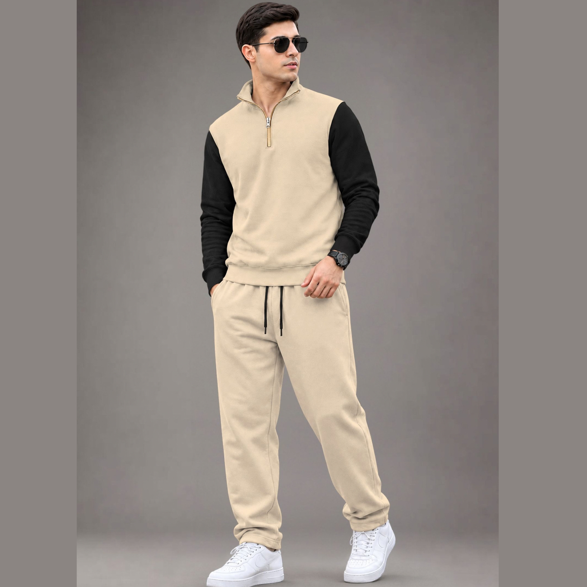 Outfit Set Men Coloblock Sweatshirt & Loose Fit Plain Trackpant