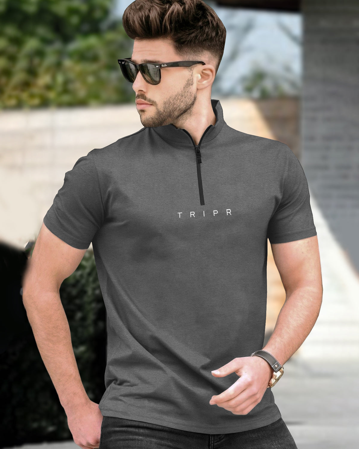 Men High Neck Plain Dark Grey Half Sleeve Zipper T-Shirt – TRIPR