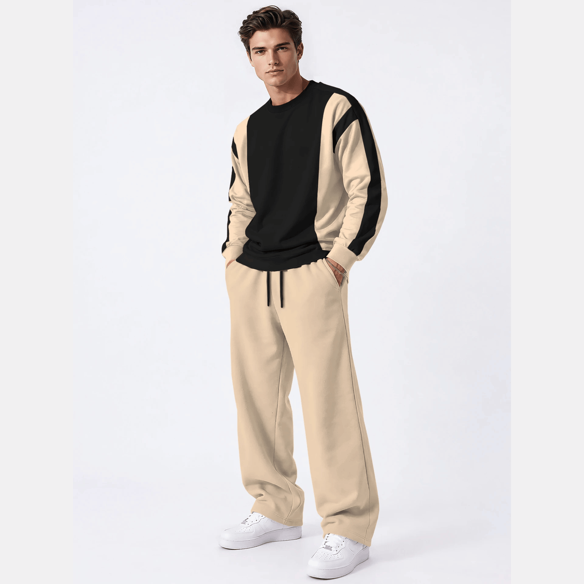 Tracksuit Men Round Neck Colorblocked Sweatshirt Plain Baggy Trackpants
