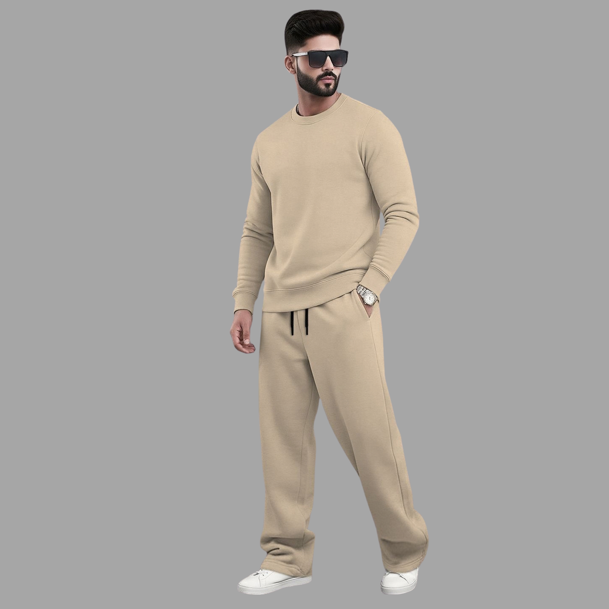 Tracksuit Men Round Neck Plain Sweatshirt & Loose Fit Plain Trackpants
