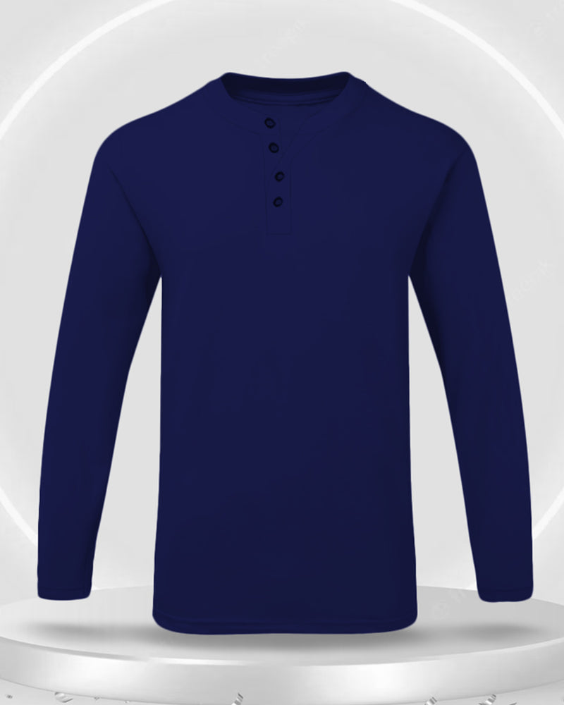 Solid Men Henley Navy Blue Full Sleeve  T-Shirt