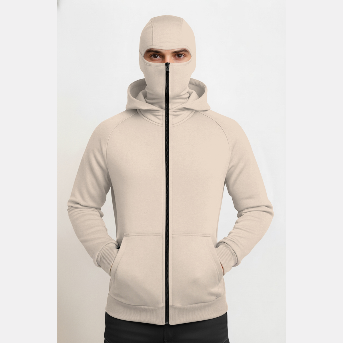 Full Sleeve Hooded Neck Mask Jacket Beige