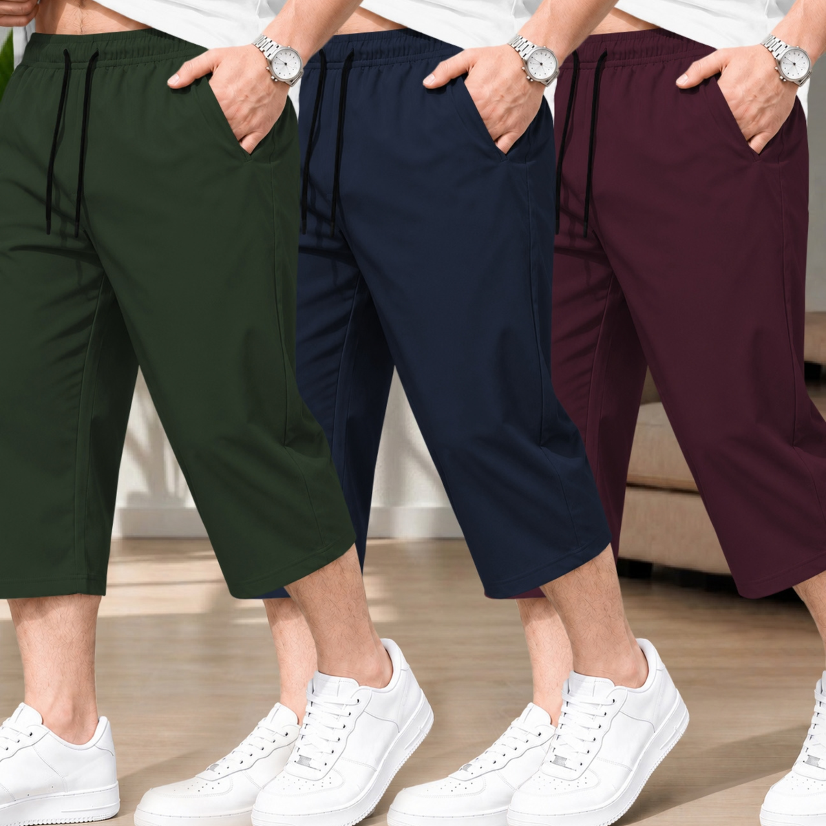 (Pack Of 3) Men Plain Three Fourth Shorts