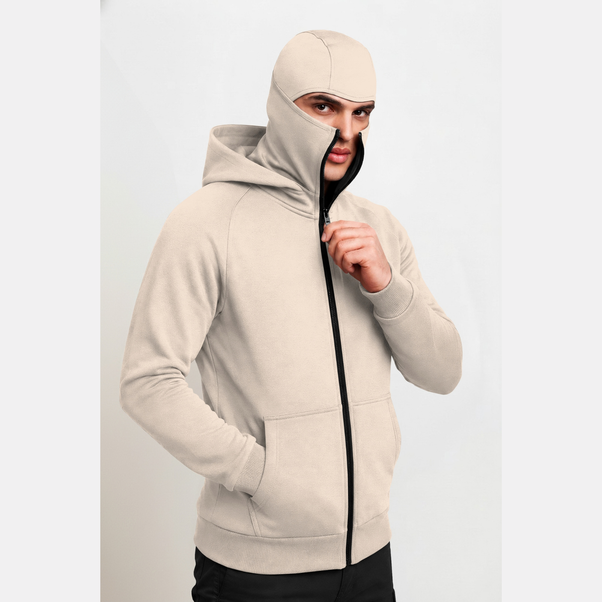 Full Sleeve Hooded Neck Mask Jacket Beige