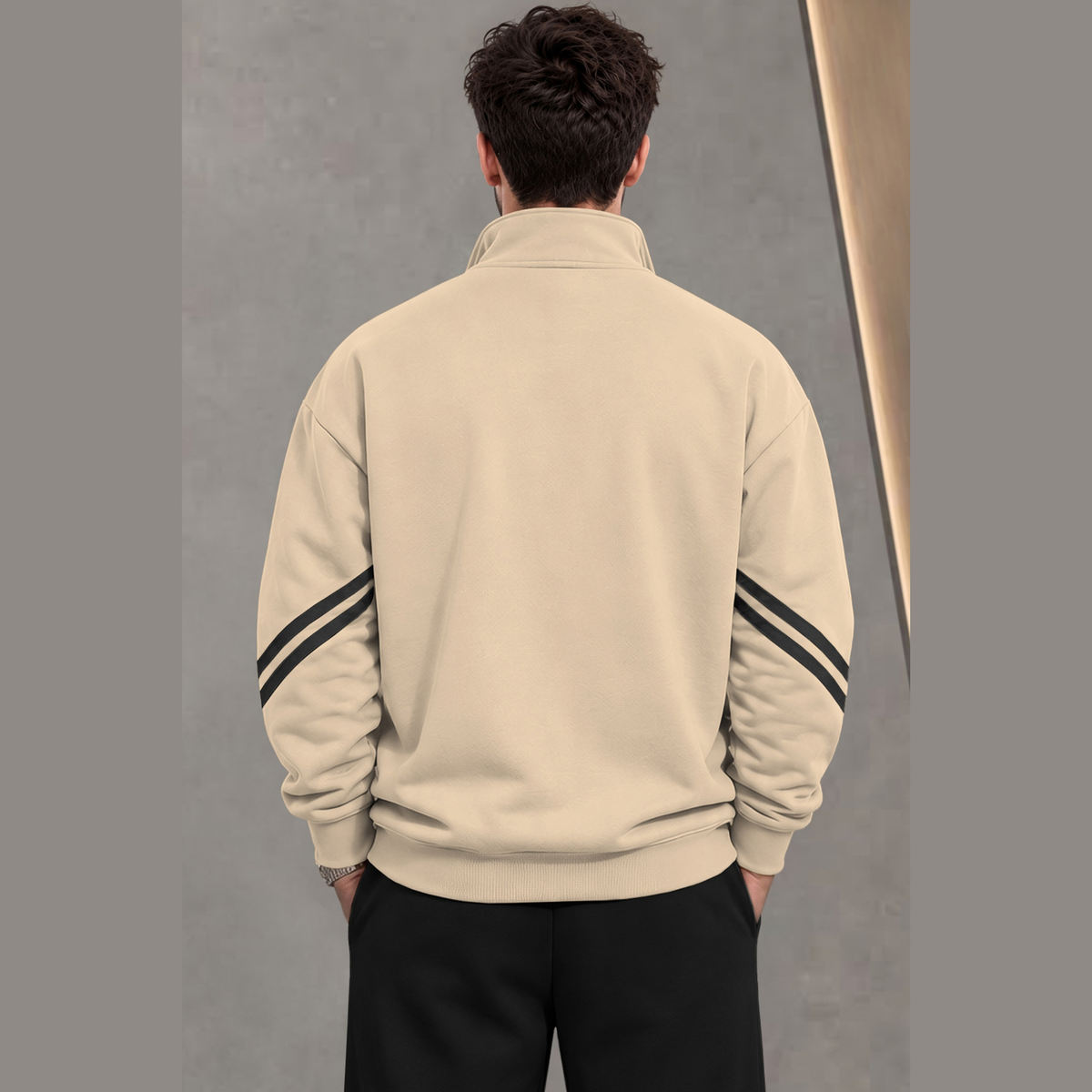 Mens Contrast Stripe Full Sleeve Pullover Sweatshirt Beige