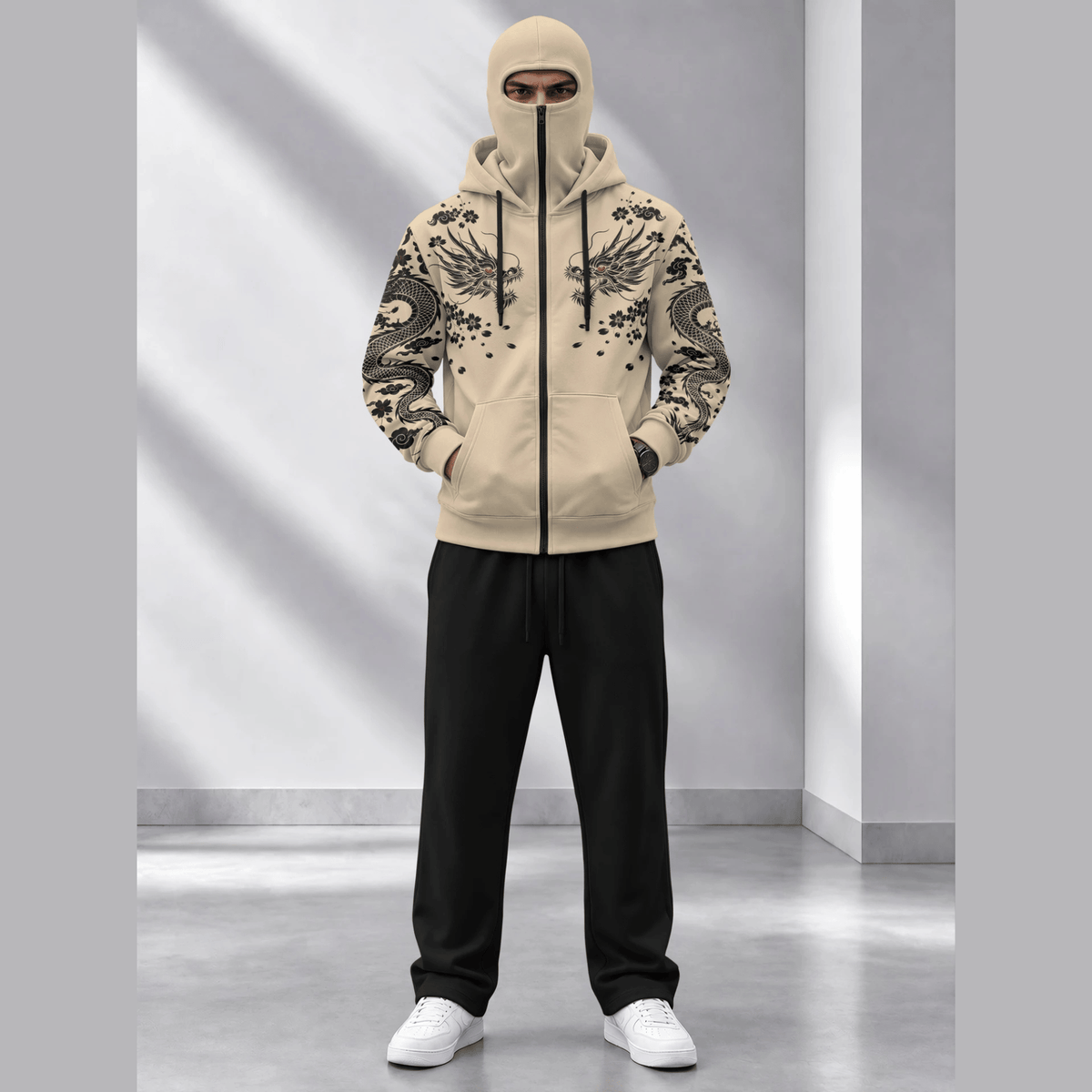 Tracksuit Hooded Mask Printed Jackets And Plain Baggy Trackpants