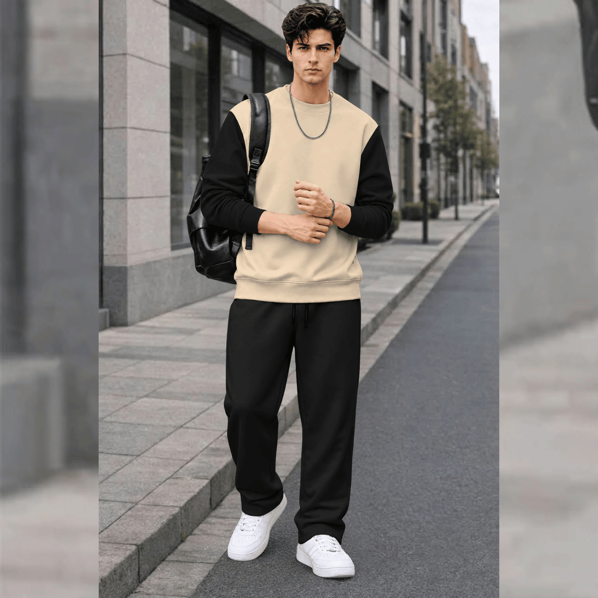 Mens Round Neck Dual Color Sweatshirt Winter Tracksuits