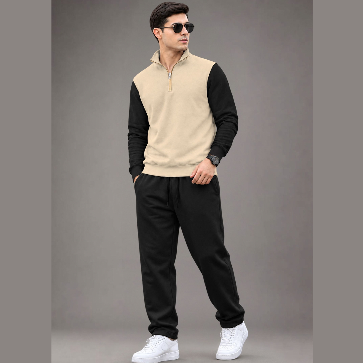 Outfit Set Men Coloblock Sweatshirt & Loose Fit Plain Trackpant