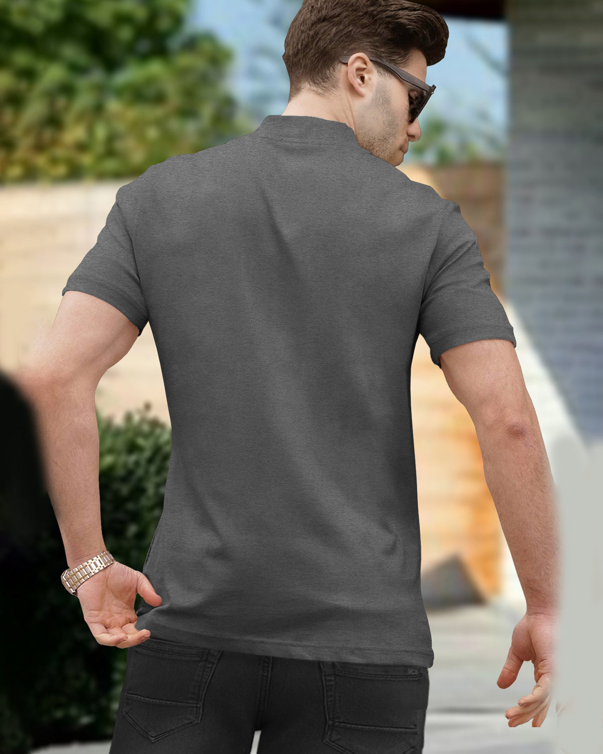 Men High Neck Plain Dark Grey Half Sleeve Zipper T-Shirt