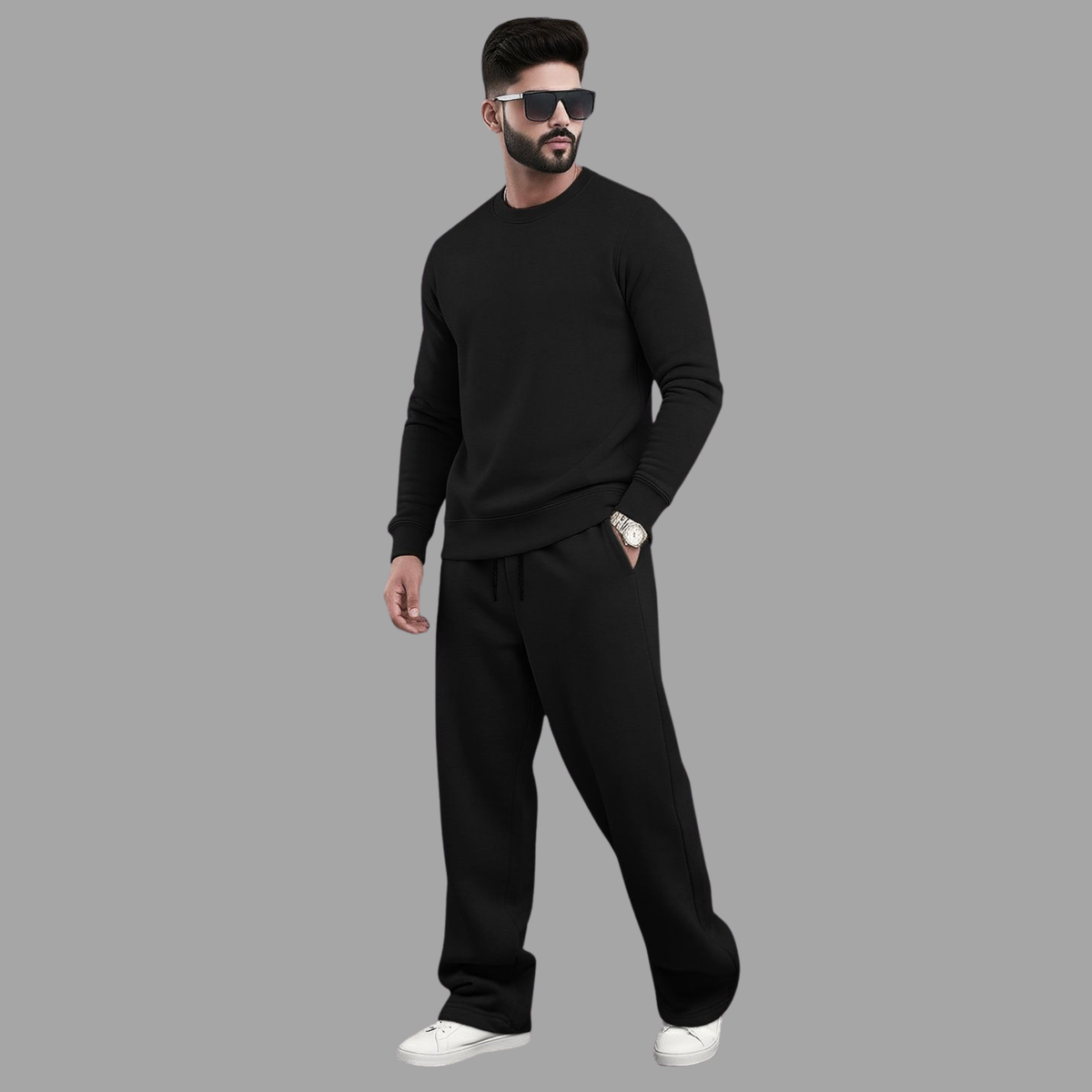 Tracksuit Men Round Neck Plain Sweatshirt & Loose Fit Plain Trackpants