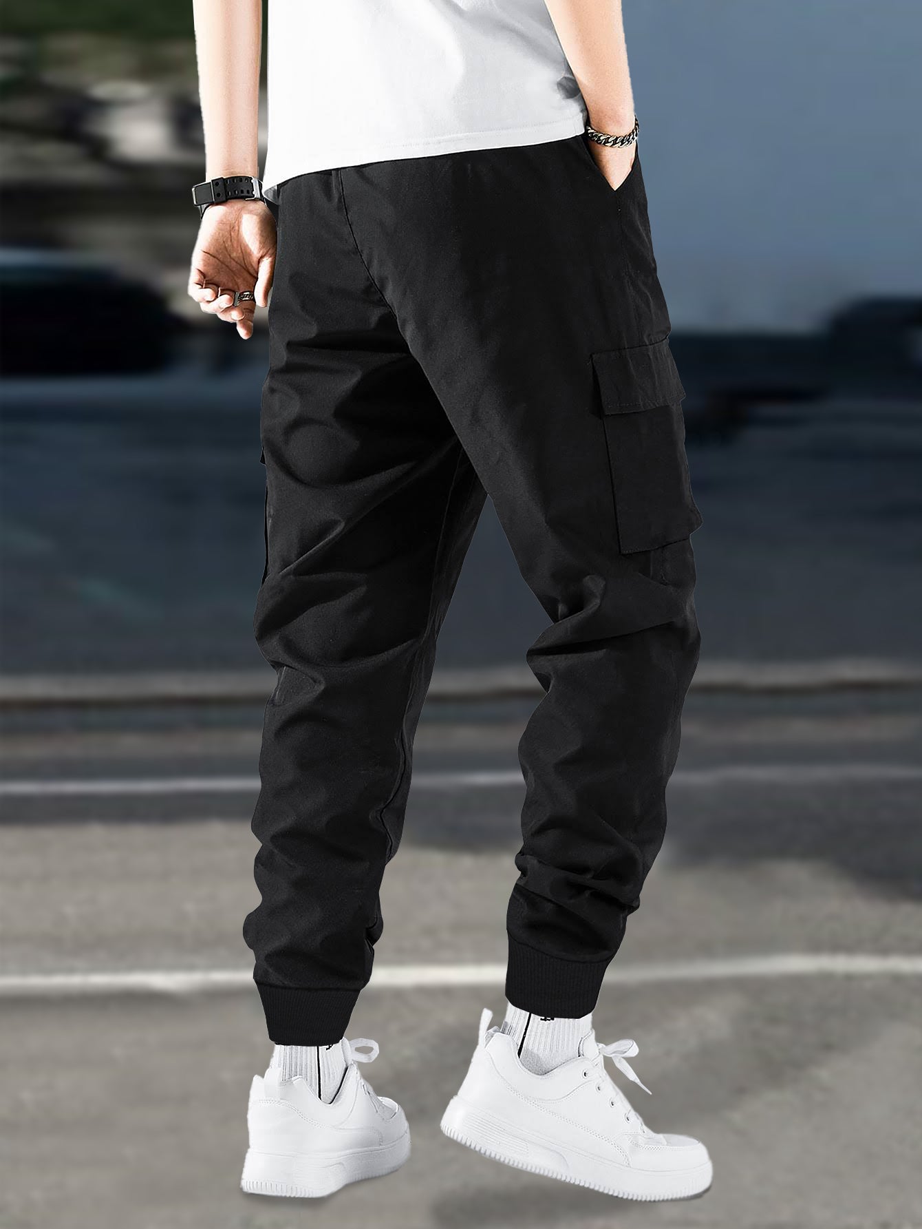 Men Solid Black Designer Cargo Pant