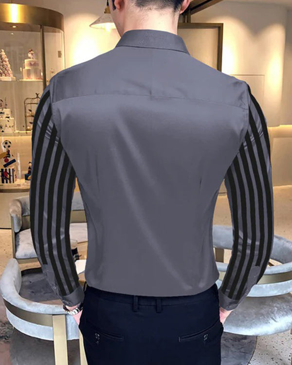 grey striped party wear full sleeve shirt back view