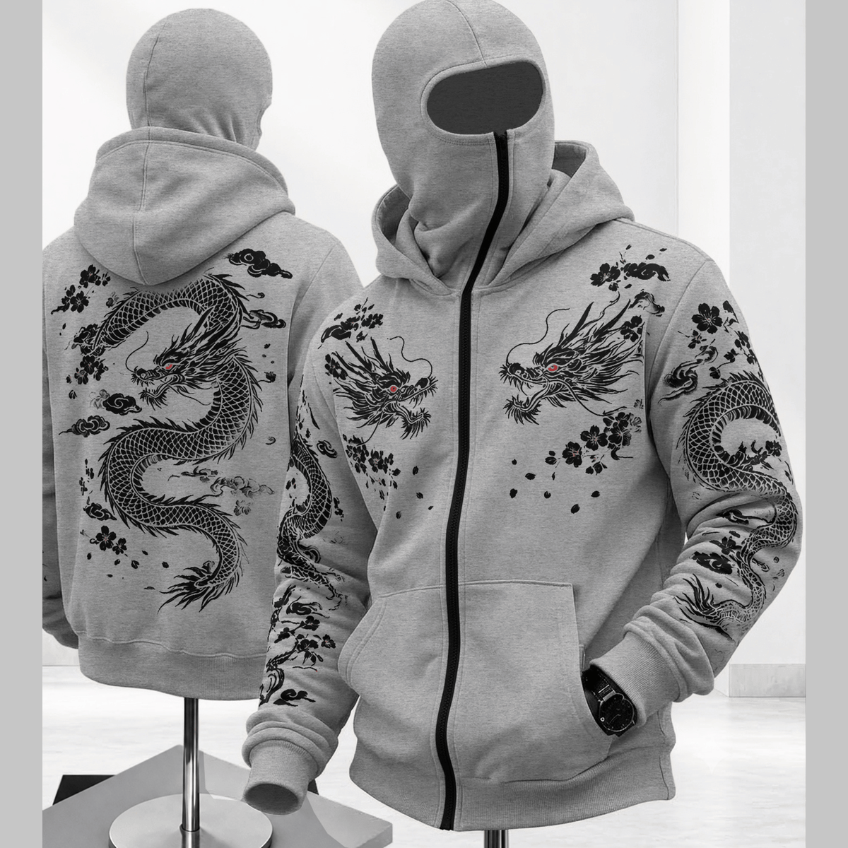 Mens Back Prined Graphic Design Zip-Up Winter Mask Jackets