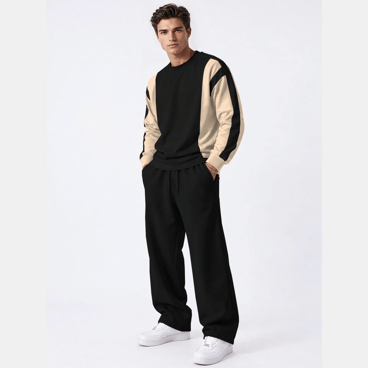 Tracksuit Men Round Neck Colorblocked Sweatshirt Plain Baggy Trackpants