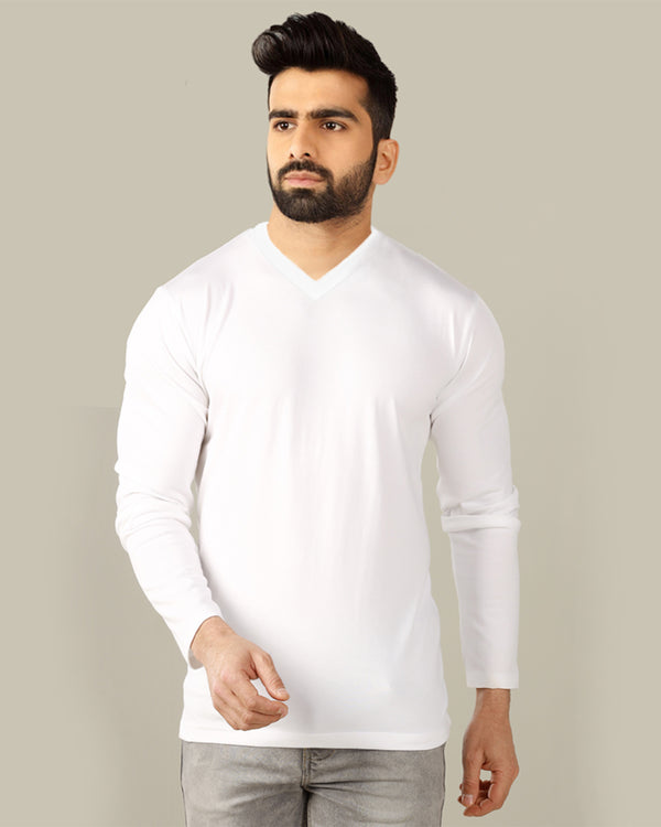 solid white colour v neck full sleeve tshirt for men