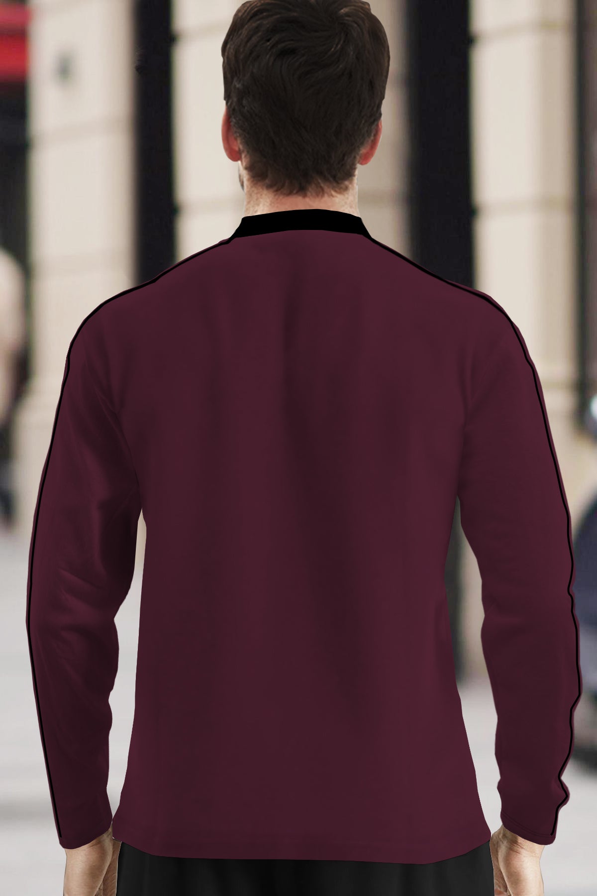 Men Full Sleeve Mandarin Collar Maroon T-Shirt