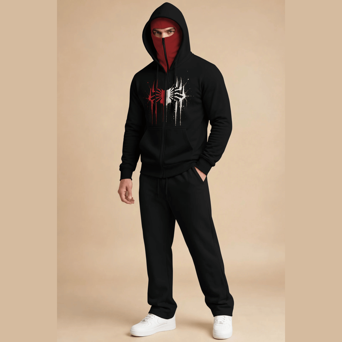 Tracksuit Mask Hooded Jackets And Plain Baggy Trackpants
