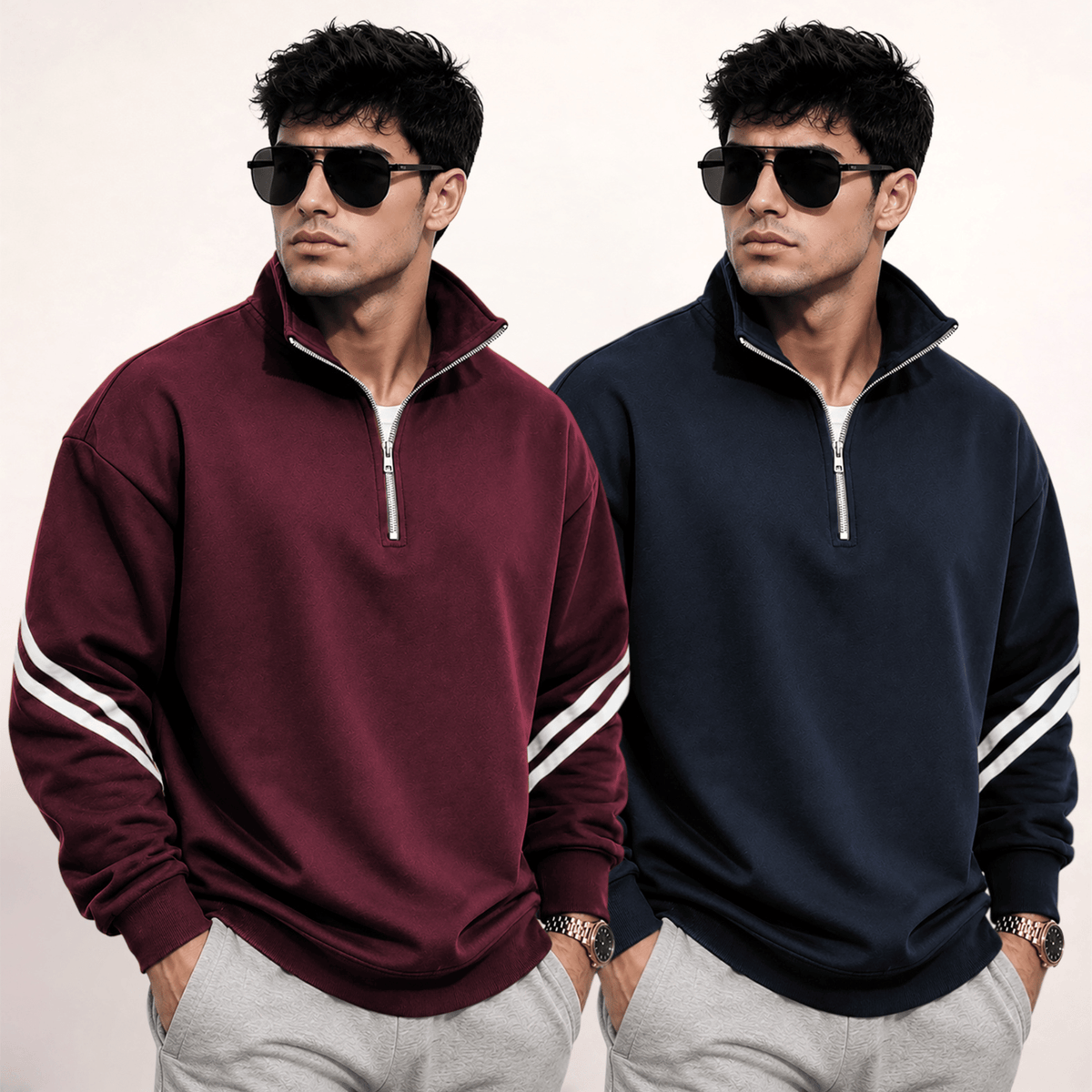 (Pack Of 2) High Neck Striped Sleeve Winter Sweatshirts
