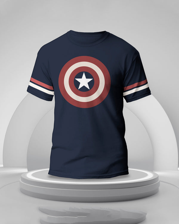 captain america shield printed blue tshirt for men front view