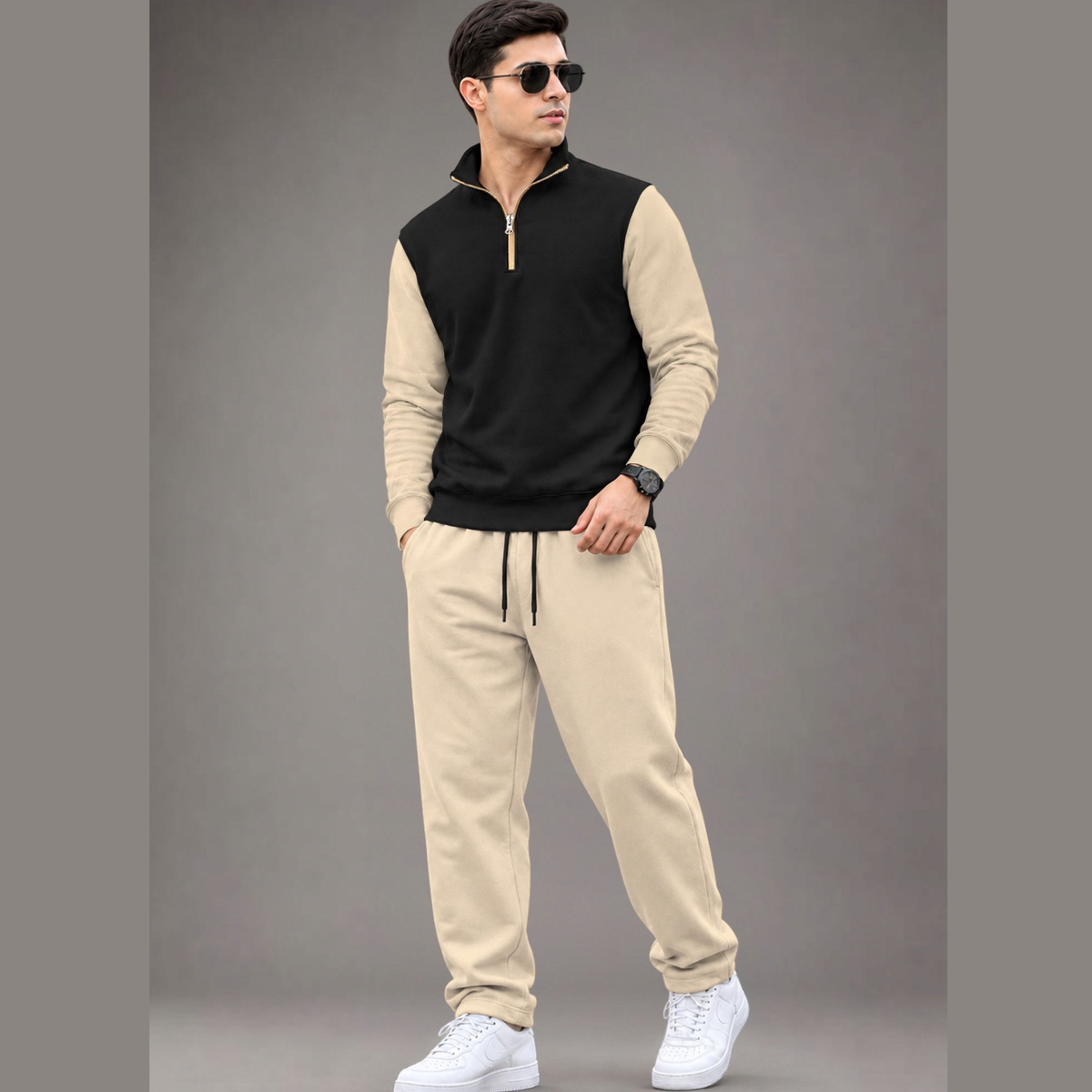 Outfit Set Men Coloblock Sweatshirt & Loose Fit Plain Trackpant