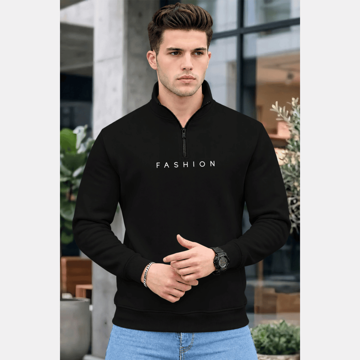 Men Quarter Zip High Neck Plain Winter Sweatshirts