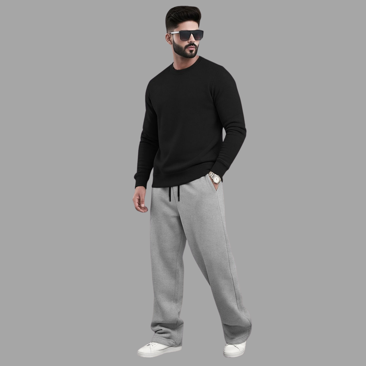 Tracksuit Men Round Neck Plain Sweatshirt & Loose Fit Plain Trackpants