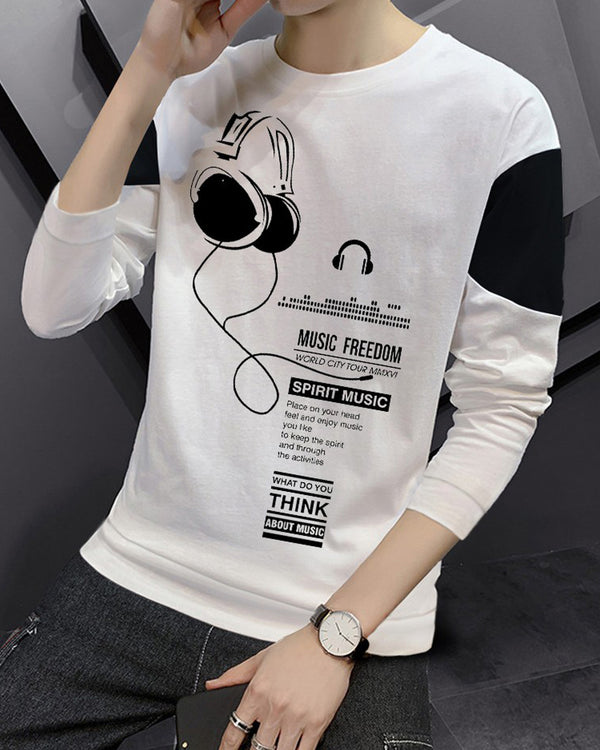 Full Sleeve Music Printed White Tshirt