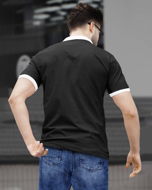 Men Zipper Polo Black-White Contrast T-shirt