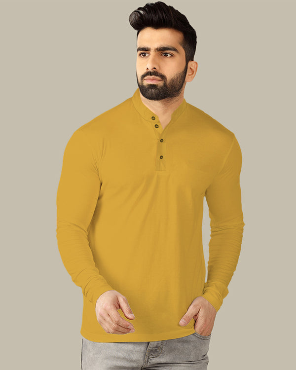 solid yellow henley tshirt for men front view