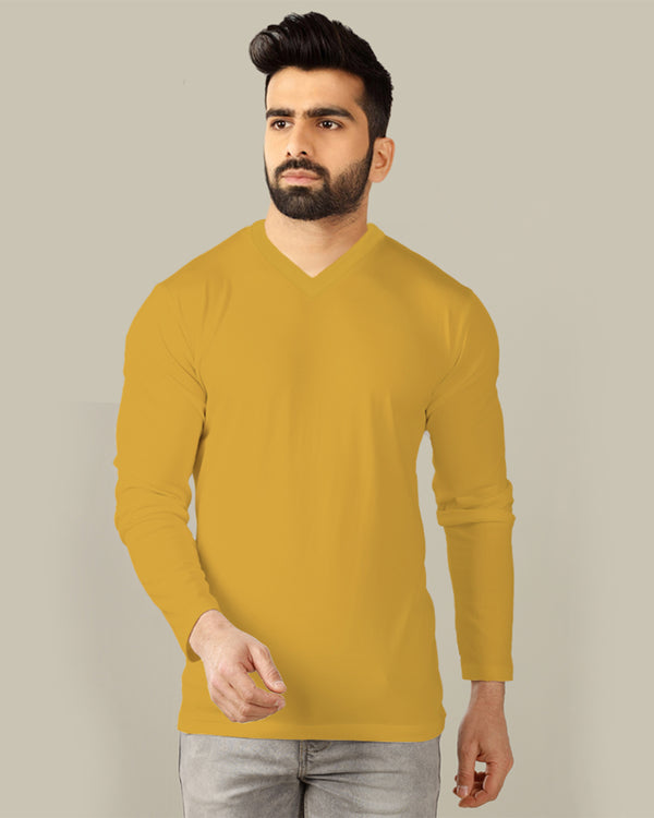 mustard yellow v neck full sleeve plain tshirt for men