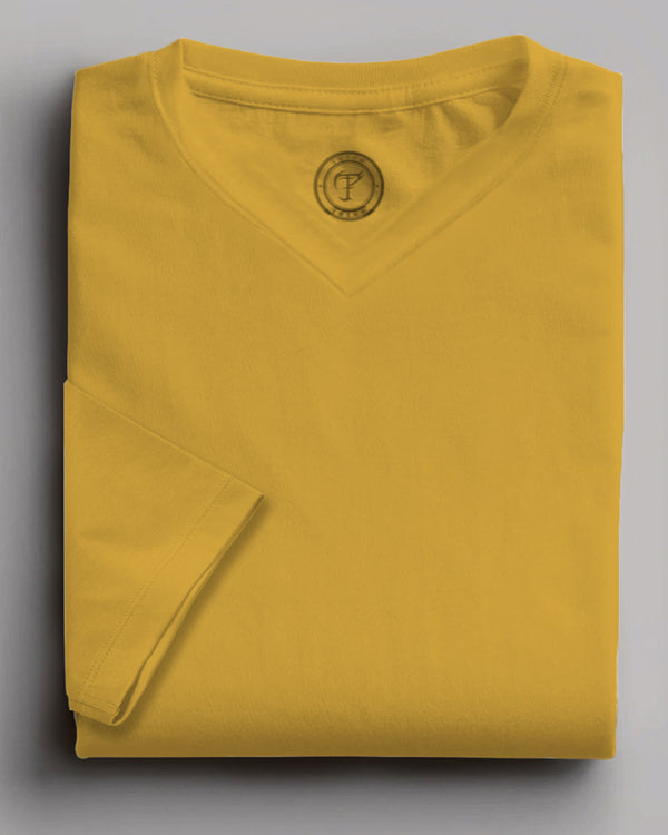mustard yellow v neck full sleeve plain tshirt for men folded view