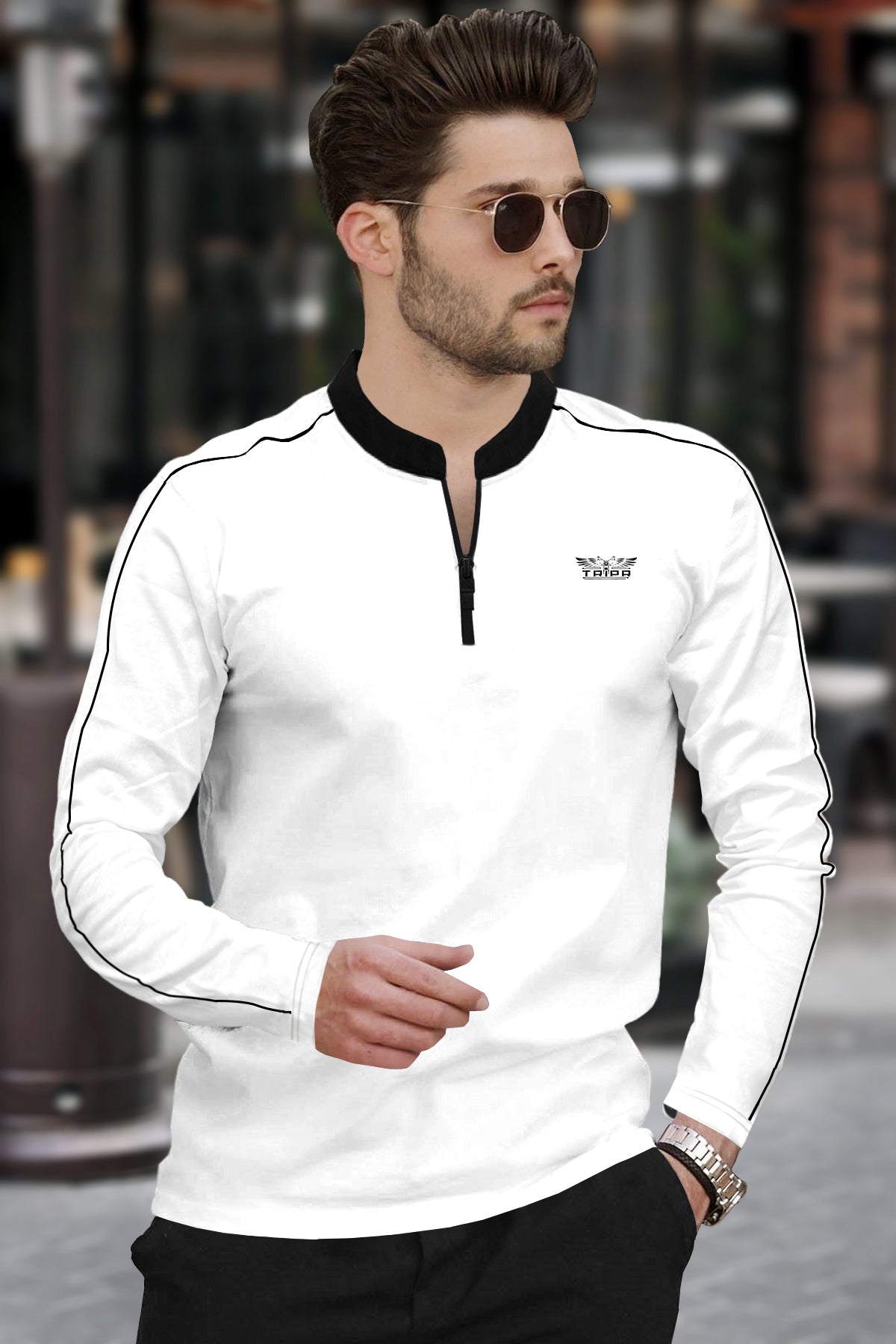 SHORT AND LONG SLEEVE Men White Zip-neck Black Piping T-shirt