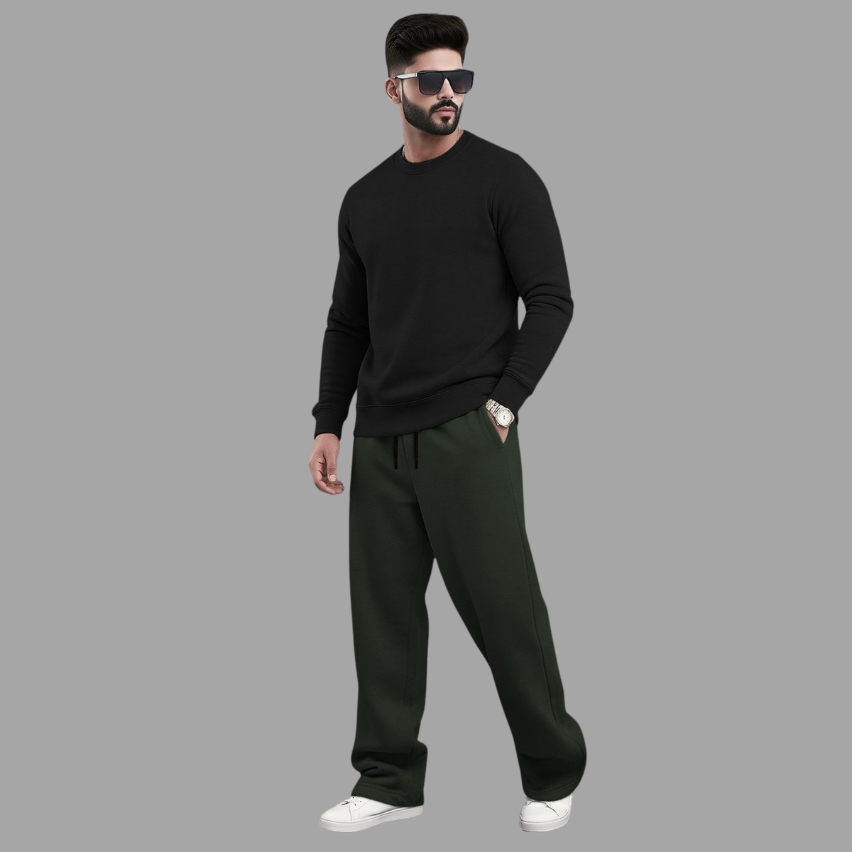 Tracksuit Men Round Neck Plain Sweatshirt & Loose Fit Plain Trackpants