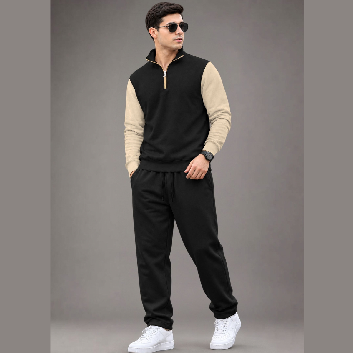 Outfit Set Men Coloblock Sweatshirt & Loose Fit Plain Trackpant